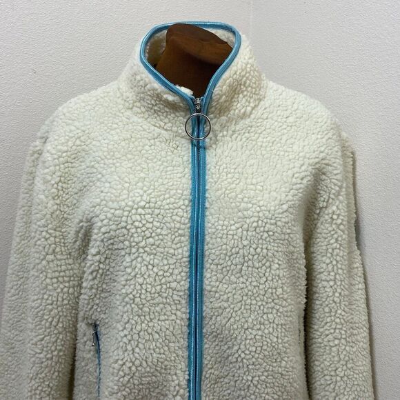 Ivory Ella Full Zip Faux Sherpa Jacket Ivory with Teal Trim Size Large - Picture 2 of 12